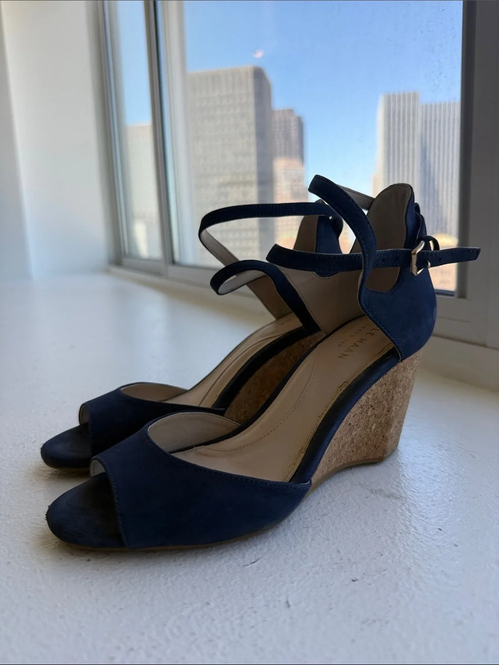 Cole Haan Navy Suede Ankle-Strap Cork Wedges